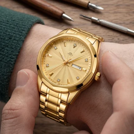 Classic Steel Watch Gold Dial Date Display